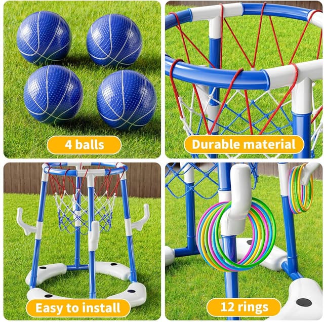 Detalle de NIPLOOOW Pool Basketball Hoop 2-in-1 Floating Pool Toys Set (Blue) with 4 Balls and Pump