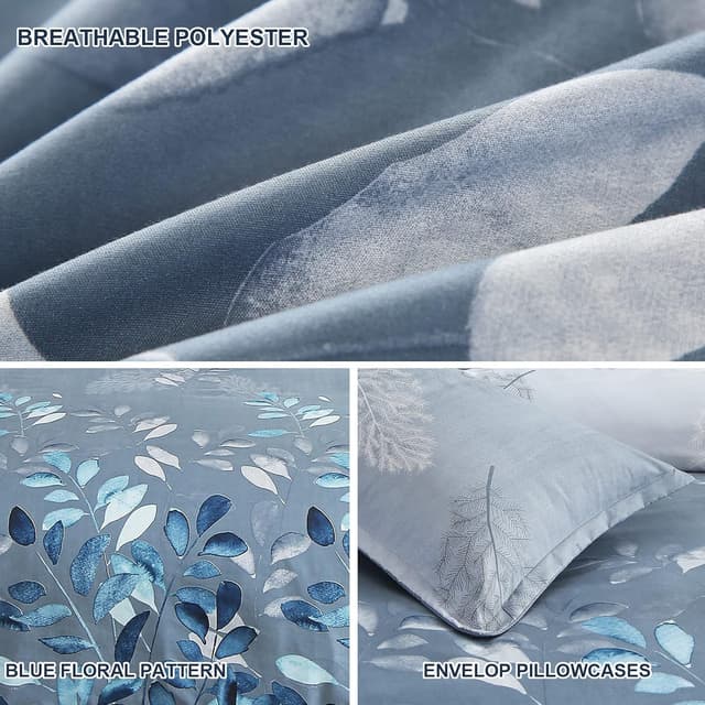 Detalle de DJY Floral Duvet Cover King Blue Leaves Bedding Set (220x230cm) with Reversible Design & Zip Closure