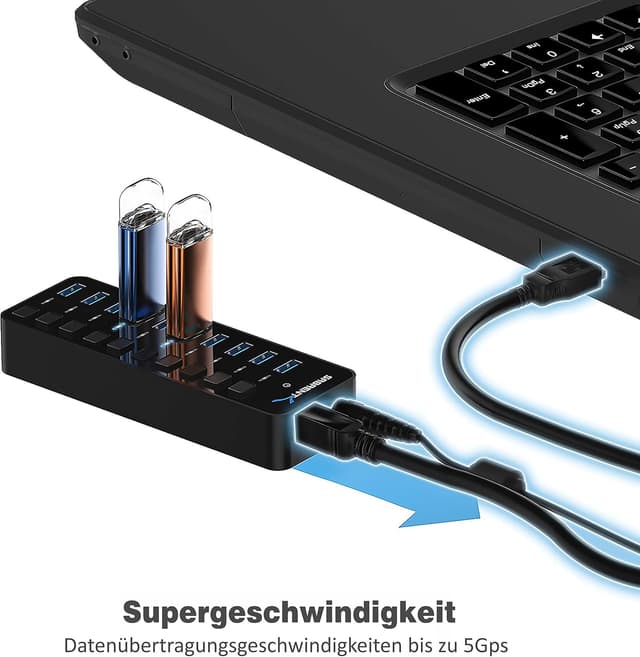 Detalle de Sabrent HB-BU10 aktiver USB 3.0 Hub mit Netzteil, 10 Ports und Ein-/Ausschaltern