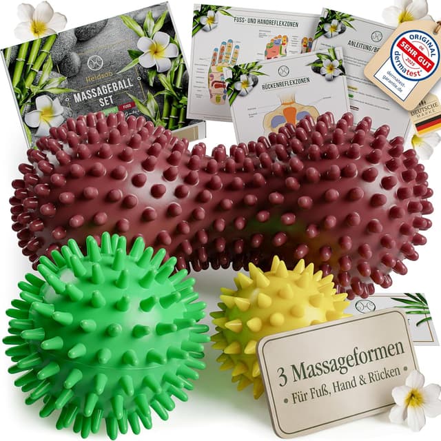 Detalle de HELDSON® Premium Massageball 3er Set inkl. Peanut-Ball & Igelbälle für Fuß-, Hand- und Rückenmassage