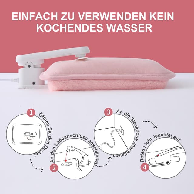 Detalle de Wärmflasche elektrisch, tragbar mit weichem Bezug (Rosa) – wohltuende Wärme für Rücken, Bauch und Nacken