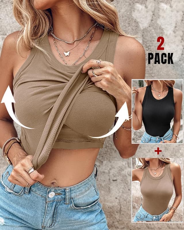 Detalle de CHICME 2-Piece Built-In Bra Ribbed Tank Tops for Women (Racerback Fitness Workout Tops)