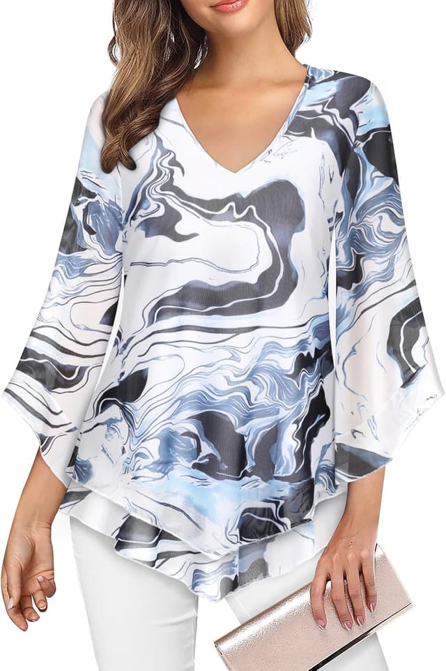 Thumbnail 6 de Gemulate Ruffle 3/4 Sleeve Chiffon Mesh Tunic Top for Women (V-neck, double-layer)