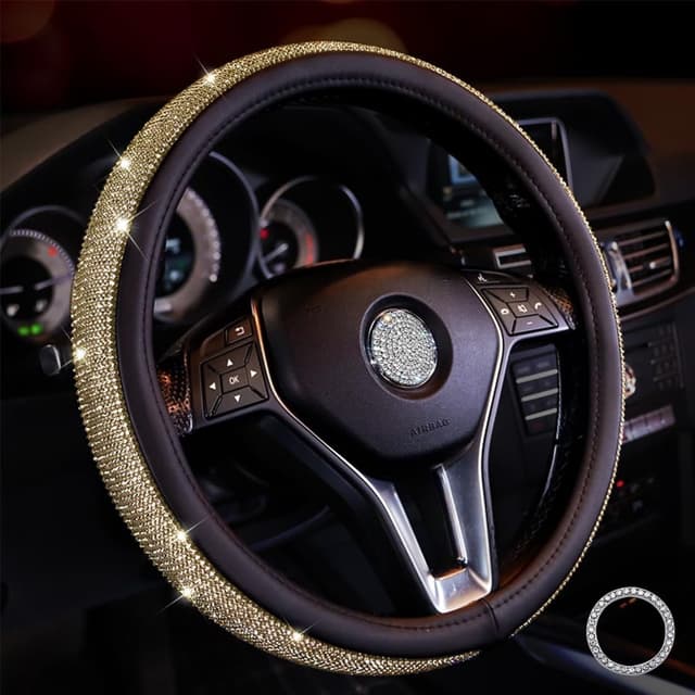 Detalle de Lifetooler Bling Rhinestone Steering Wheel Cover (Black-Gold) – Universal 38cm/15in anti-slip