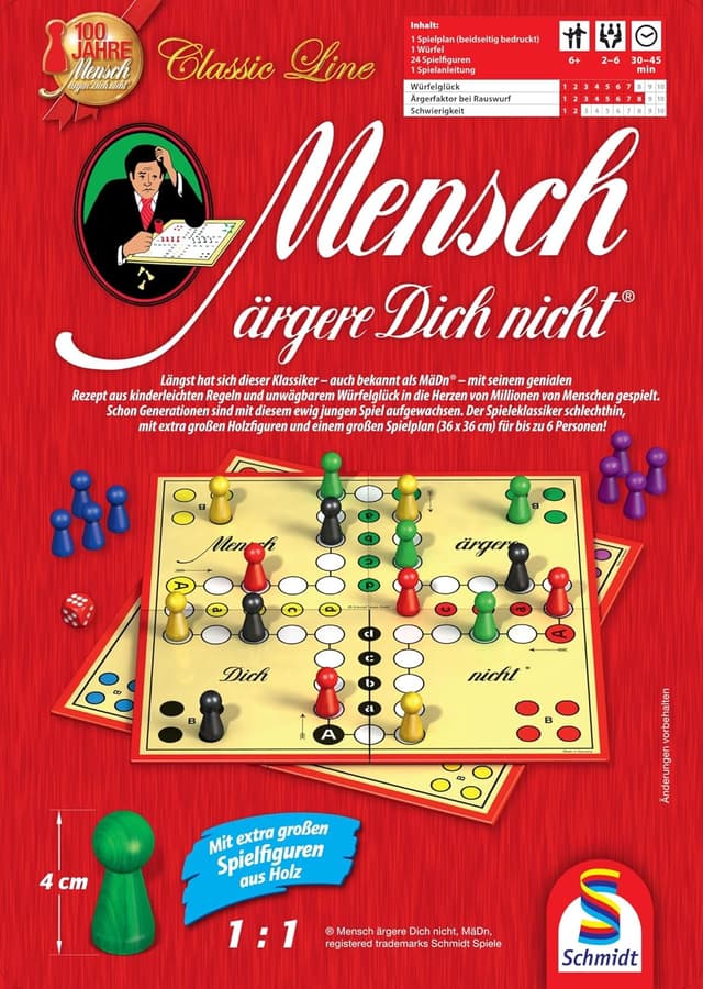 Detalle de Schmidt Spiele 49439 „Mensch ärgere Dich nicht“ in der Metalldose – Classic Line mit extra großen Holzfiguren