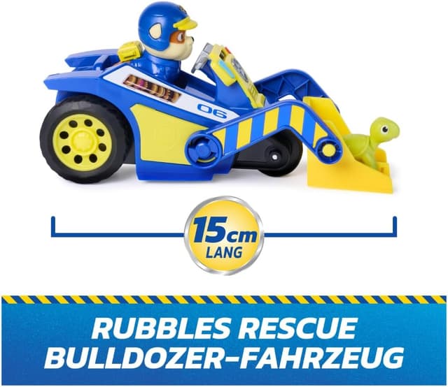 Detalle 2 de PAW PATROL Search & Rescue: Rubbles Rettungs-Bulldozer mit Rückziehmotor (ca. 15 cm) – inkl. Rubble-Figur & Schildkröte