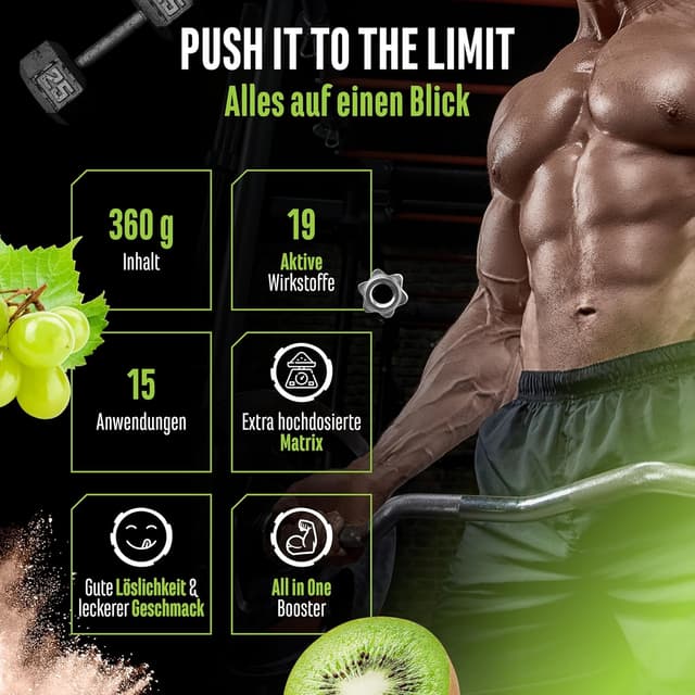 Detalle de Push it to the Limit Pre Workout mit L-Arginin, Citrullin & Koffein – 360 g (Kiwi-Grape)