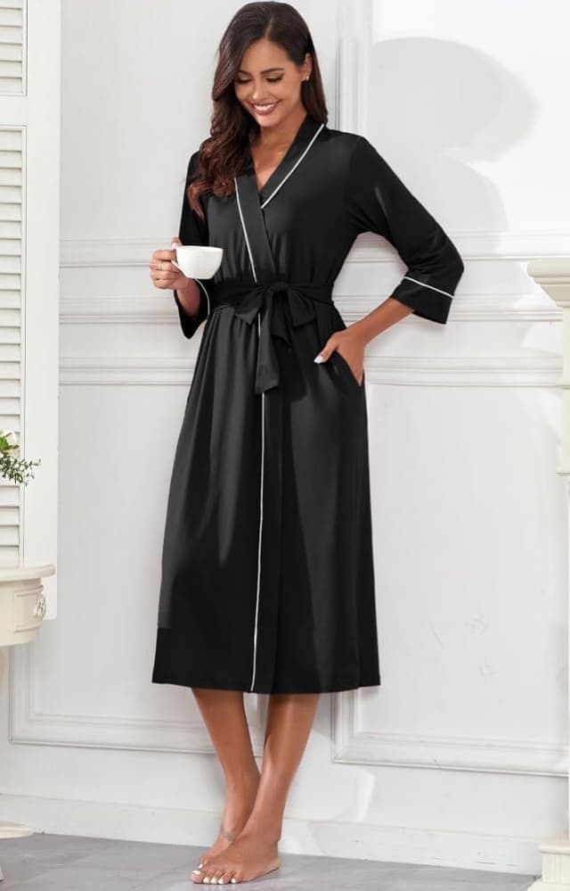 Detalle de PrinStory Damen-Bademantel als leichter Kimono mit 3/4-Ärmeln, Viskose/Elasthan