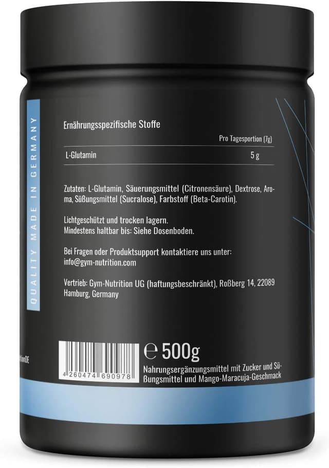 Detalle de Ultrareines L-Glutamin Pulver (extra hochdosiert), 500 g – Mango Maracuja, vegan und laborgeprüft