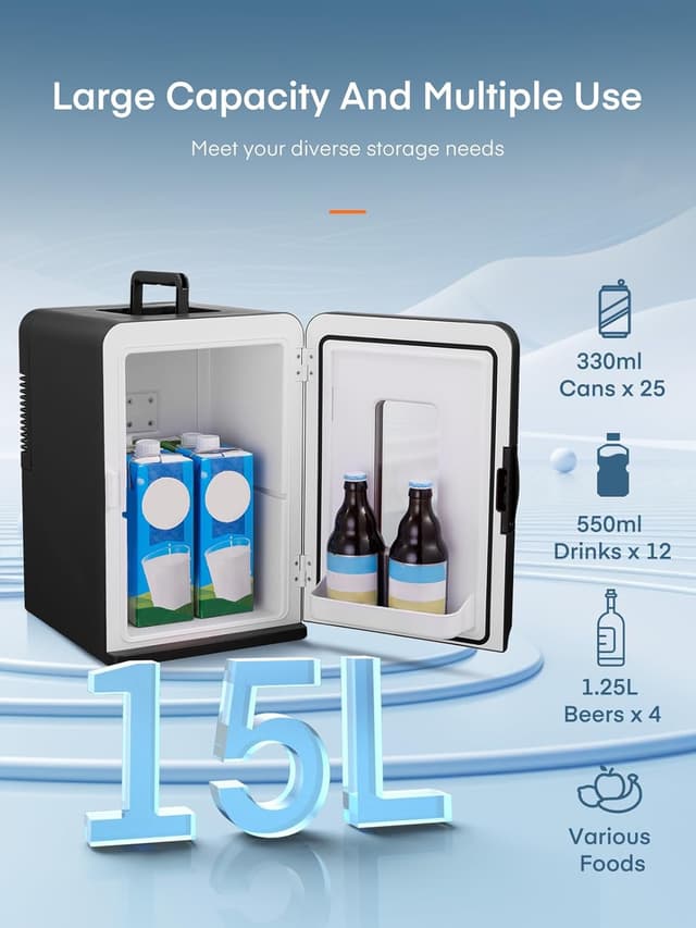 Detalle de FOHERE 2-in-1 Mini-Kühlschrank (15 l) mit Kühl- und Heizfunktion – DC/AC für Auto, Büro & Wohnheim, ECO-Low-Noise – Schwarz