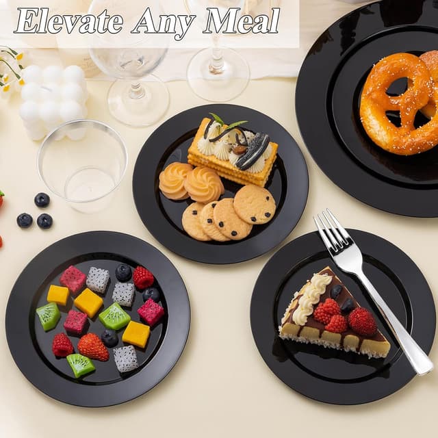 Thumbnail 5 de BESTSTAR 200pcs Black Plastic Plates Set