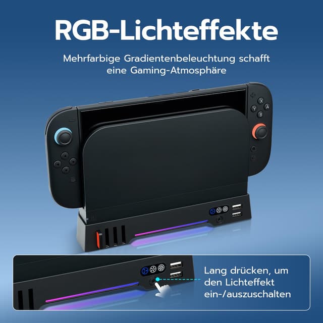 Detalle 2 de Mcbazel Switch 2 Dock Kühlventilator-Ständer mit RGB, 3-stufig & 8 Karten-Slots