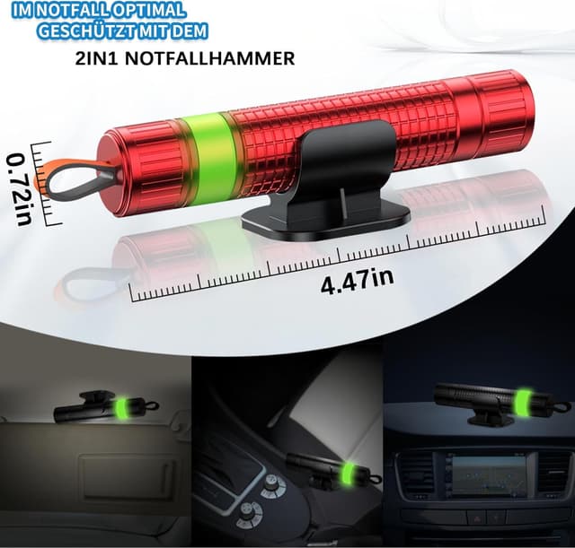 Detalle de Queltrix 2-in-1 Notfallhammer mit Gurtschneider (2 Stück, nachleuchtend) und Glasbrecher