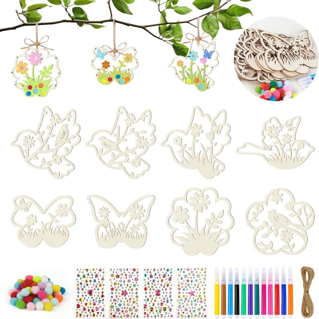 Detalle de ARTREE 24 Holz Bastelset Kinder – Anhänger zum Bemalen mit Stiften & Stickern ab 4 Jahren