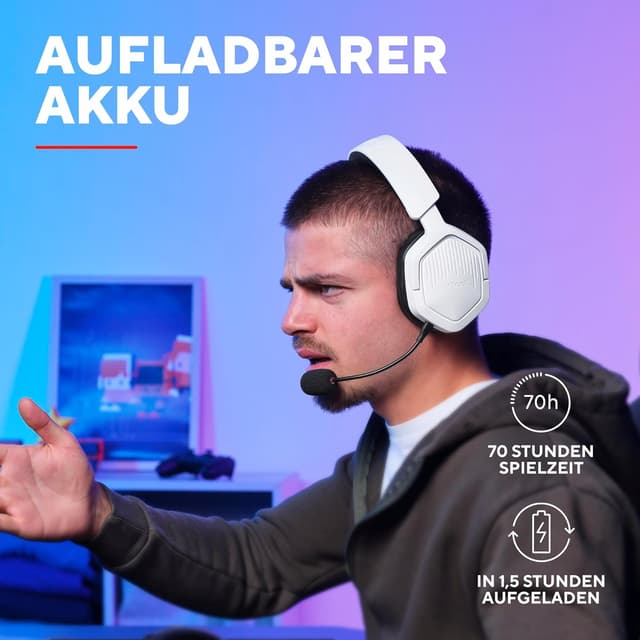 Detalle de Trust Gaming GXT 1493W Ravox Wireless Gaming Headset (Bluetooth + 2,4 GHz) mit Mikrofon, 50-mm-Treibern, bis zu 70 Std. Akkulaufzeit – Weiß
