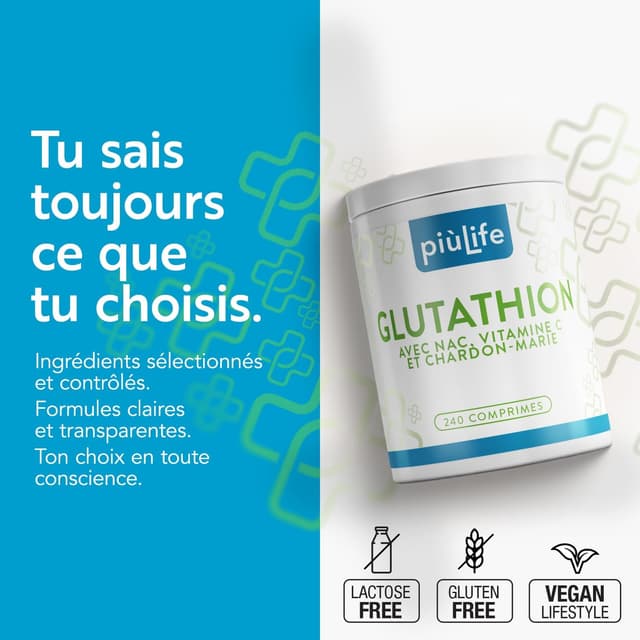 Detalle de Glutathion Réduit 500 mg PiùLife (480 comprimés) avec vitamine C, NAC et chardon-marie