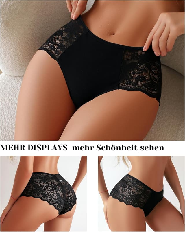 Detalle 2 de Sth Big High-Waist Unterhosen Damen mit Spitze – bequemer Brazilian Slip, atmungsaktiv (Mehrpack)