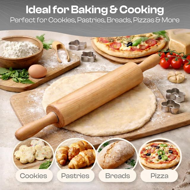 Detalle 2 de Wooden Rolling Pin 17.6 Inch with Rotating Ergonomic Handles (Classic Beech Wood) for Pizza, Pastry, Bread & Cookies