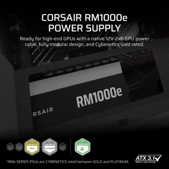 Detalle 2 de Corsair RMe Series RM1000e ATX 3.1 / PCIe 5.1 de 1000W totalmente modular (Cybenetics Gold)