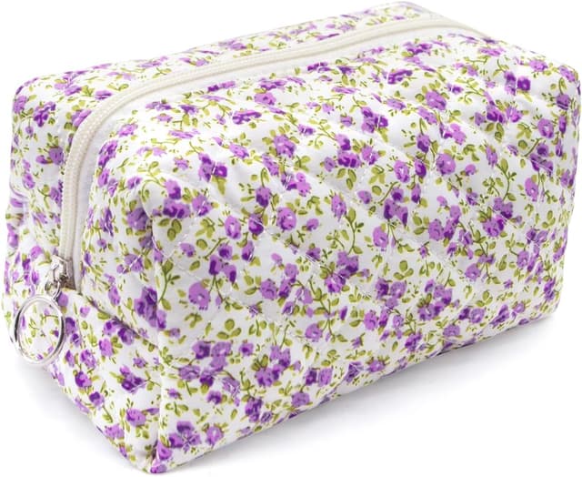 Detalle de Long Keeper Floral Small Makeup Bag (Purple) – 18 x 18 x 10 cm Cotton Cosmetic & Travel Toiletry Pouch