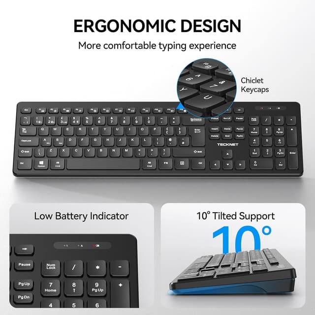 Detalle de TECKNET Wireless Keyboard (2.4G USB + Bluetooth) UK Layout, Full Size Ergonomic Keyboard with 105 Days Standby, Black