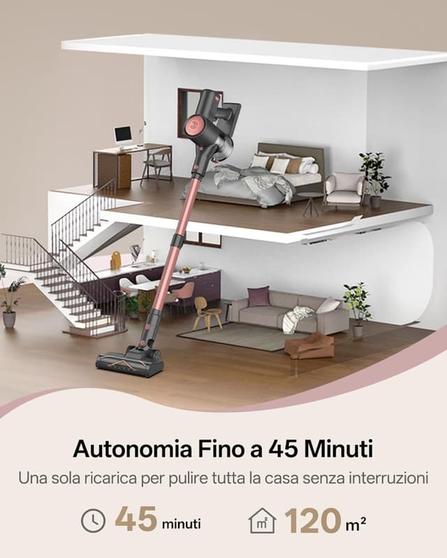 Detalle de Vexilar V10Pro aspirapolvere senza fili 45.000Pa, 45 min, scopa elettrica ultraleggero con luce LED e batteria removibile