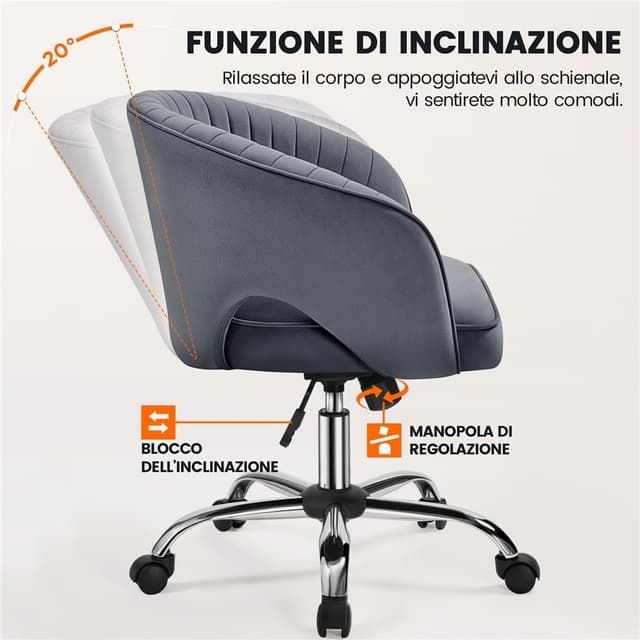 Thumbnail 5 de Yaheetech Poltrona Ufficio Ergonomica Velluto Grigio