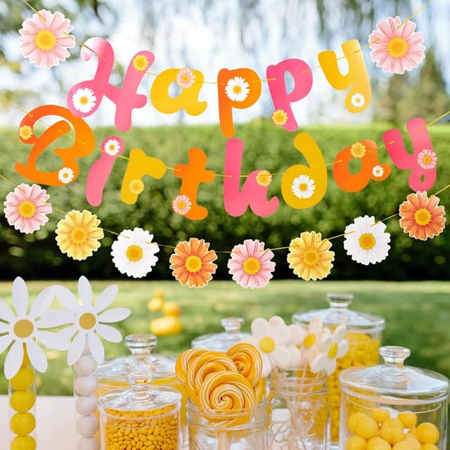 Thumbnail 6 de SUNBEAUTY 3er Girlande mit Gänseblümchen „Happy Birthday“ – Frühling/Party Banner für Deko