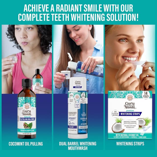 Detalle de GuruNanda Total Smile Makeover Kit Regular with Cocomint Oil Pulling, Dual Barrel Whitening Mouthwash, Whitening Strips & Toothbrushes