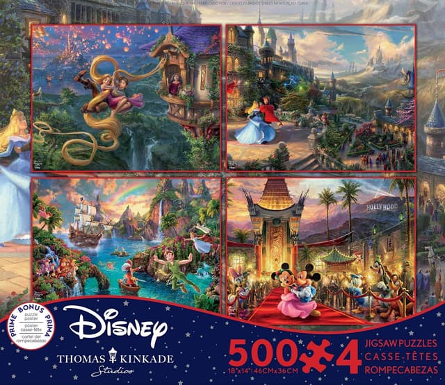 Detalle de Ceaco 4-in-1 Multipack Jigsaw Puzzles (Thomas Kinkade Disney Dreams): Tangled, Sleeping Beauty, Peter Pan, & Mickey and Minnie, 500 Pieces Each, 18 x 14