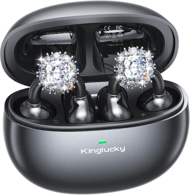 Detalle de Kinglucky Jewelry-Inspired Clip-On Open-Ear Bluetooth Earbuds with Removable Crystal Earrings (Black)