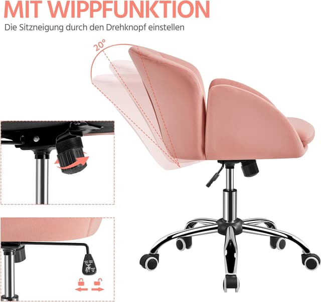 Detalle de Yaheetech Homeoffice Drehstuhl mit Armlehnen, höhenverstellbar bis 136 kg (Hellrosa, Samt)