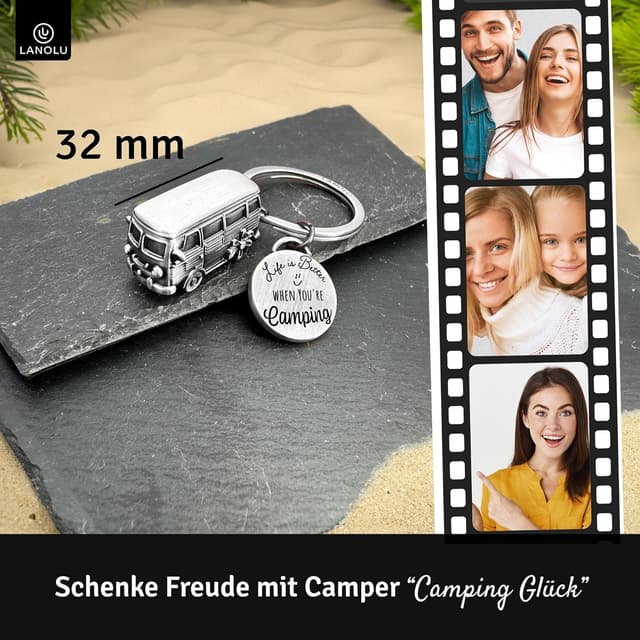 Detalle de Porte-clés LANOLU Camping en métal argenté (bus de camping 3D) avec message « Life is Better when you're Camping »