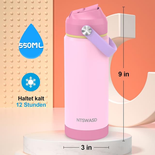 Detalle 2 de Ntswasd Trinkflasche aus Edelstahl mit Strohhalm, 550 ml (BPA-frei) – auslaufsichere Thermoflasche für Schule, Sport & Kinder (Rosa)