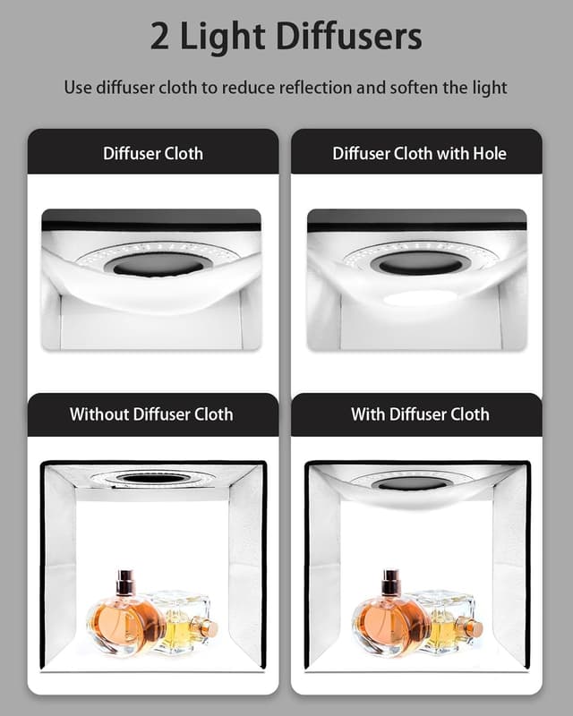 Detalle 2 de DUCLUS Fotobox Set (25×25 cm) mit 96 LEDs & 6 PVC-Hintergründen – faltbare Mini-Lichtbox für Produktfotos