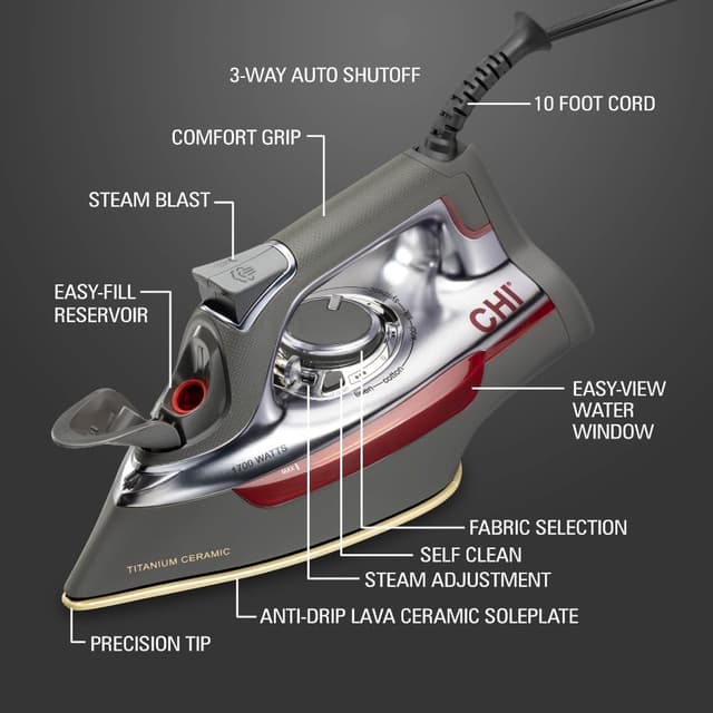 Thumbnail 6 de CHI Steam Iron for Clothes (13101) with 300+ Steam Holes, 1700W Titanium-Infused Ceramic Soleplate & Auto Shutoff