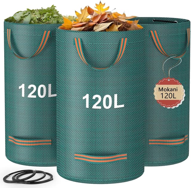 Detalle de Mokani sacchetti per rifiuti da giardino da 120 l (con manici) – 3 sacchi riutilizzabili e pieghevoli