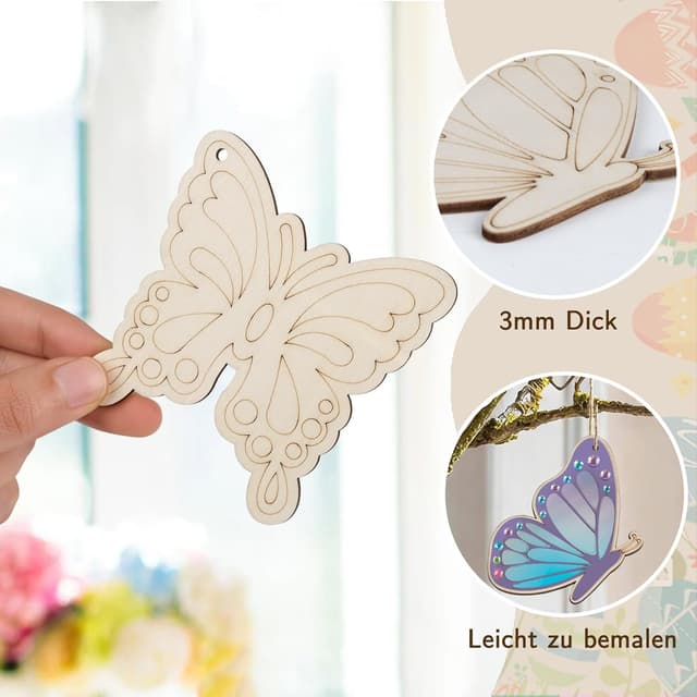 Detalle de ARTREE Kinder Bastelset Ostern Schmetterlinge zum Bemalen – 24 Holz-Anhänger DIY-Set