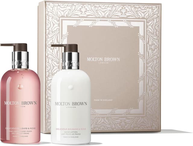 Detalle de Molton Brown Delicious Rhubarb & Rose Hand Care Collection (Fine Liquid Hand Wash & Lotion) – 2 x 300 ml gift set