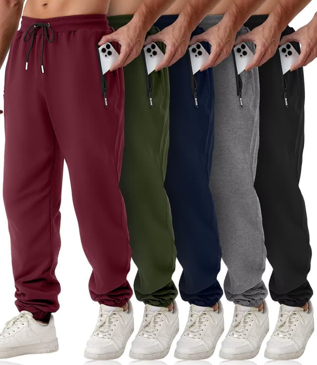 Detalle de OZYJD 5-Pack Men’s Sweatpants with Zipper Pockets, Slim Fit Athletic Joggers for Gym, Running, and Travel