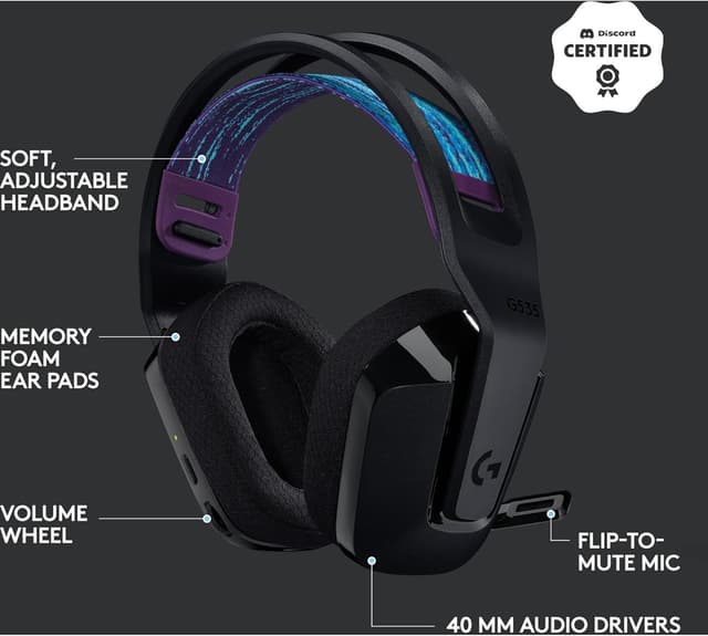 Detalle de Logitech G535 LIGHTSPEED Wireless Gaming Headset (black) – lightweight on-ear, flip-to-mute mic