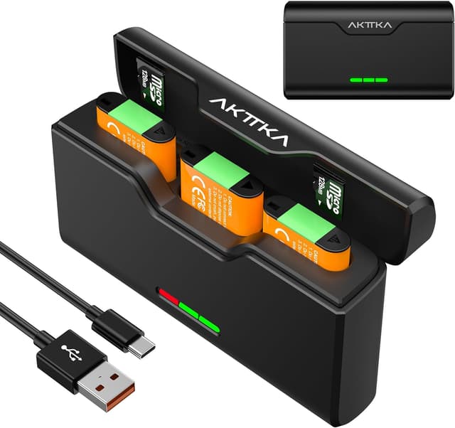 Detalle de AKTTKA confezione da 3 batterie NP-BX1 da 1380 mAh + caricabatterie a 3 porte con USB-C