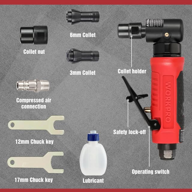 Detalle de WORKPRO meuleuse d’angle pneumatique 1/4" (6,3 mm) 20 000 tr/min avec mandrin 3 mm et 6 mm