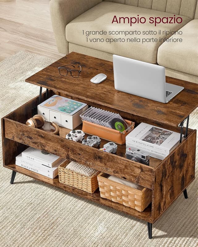 Detalle de VASAGLE LCT267KD01 Tavolino da salotto con piano sollevabile a molla a gas, vano nascosto e ripiano aperto