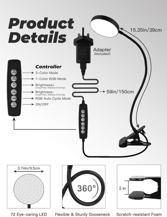 Thumbnail 6 de ReinHoo Desk Lamp,10 Colors RGB&Warm White Desk Light,10 Brightness Dimmable Clip On Light,500LM Bright Reading Light,USB Adapter Table Lamp for Office,Computer,Work,Study,Craft,Bedside Table,Bedroom
ReinHoo Desk Lamp,10 Colors RGB&Warm White…