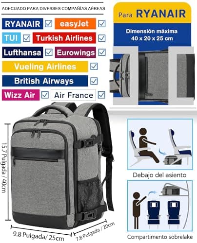 Detalle 2 de KLOSTAIN Mochila de cabina para avión 40x20x25 (20L) con bolsillo antirrobo y para portátil de 14
