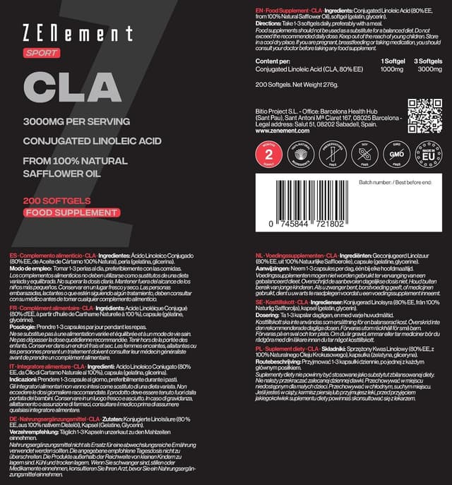 Detalle 2 de Zenement CLA Ácido Linoleico Conjugado 3000 mg 🌱 Quema Grasa