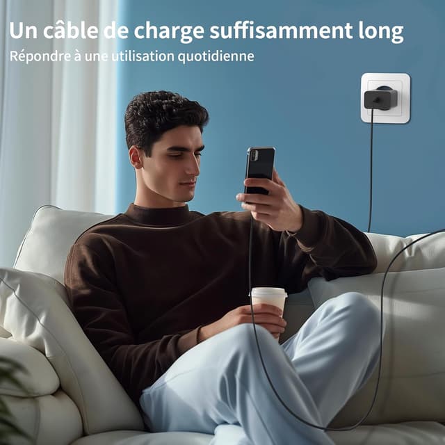 Detalle 1 de Chargeur USB-C 45 W BOLUX-JS avec Super Fast Charge 2.0 et câble USB-C 2 m (noir) pour Samsung Galaxy