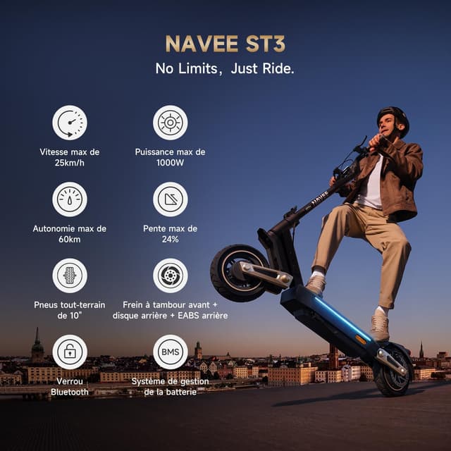 Detalle de NAVEE ST3(Pro) trottinette électrique adulte : autonomie annoncée 60-75 km et moteur jusqu’à 1350 W