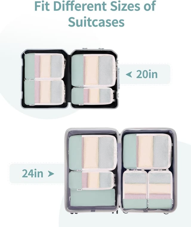 Detalle de Narwey 6-piece Compression Packing Cubes Set (Mint Green) for cabin hand luggage organisers